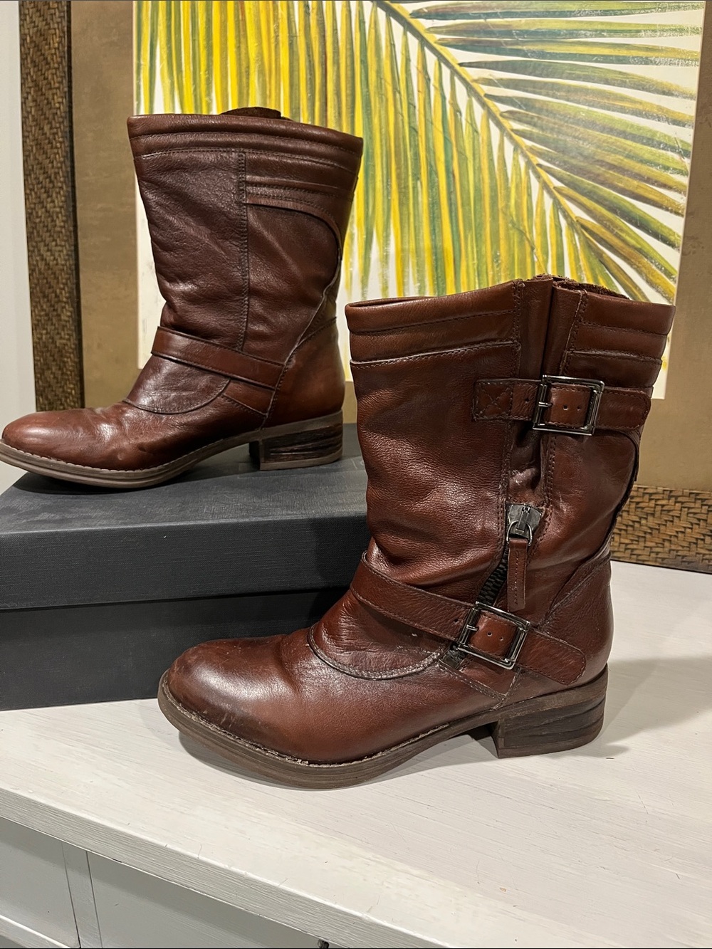 Clark’s Women’s Brown Leather Mid-Calf Buckle & Zip Booties